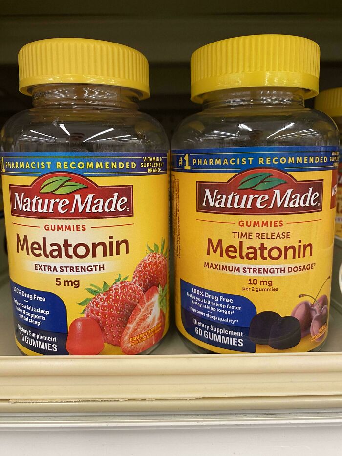 Two Nature Made melatonin gummy bottles with seemingly similar packaging designs.