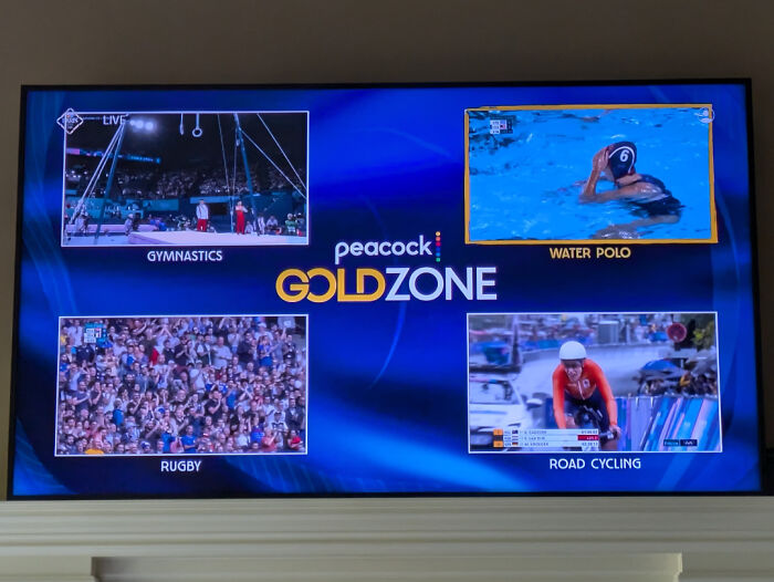 Peacock Gold Zone TV screen showing gymnastics, water polo, rugby, and road cycling, hinting at deceptive-marketing-techniques.