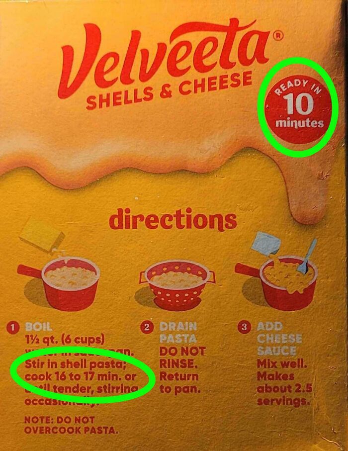 Velveeta packaging promises 10-minute prep but instructions specify 16-17 minutes, highlighting misleading packaging design.