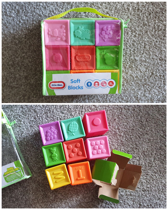 Misleading packaging showing soft blocks in vibrant colors, actual blocks differ in design underneath.