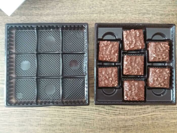 Empty chocolate tray next to a half-filled one, demonstrating misleading packaging design.