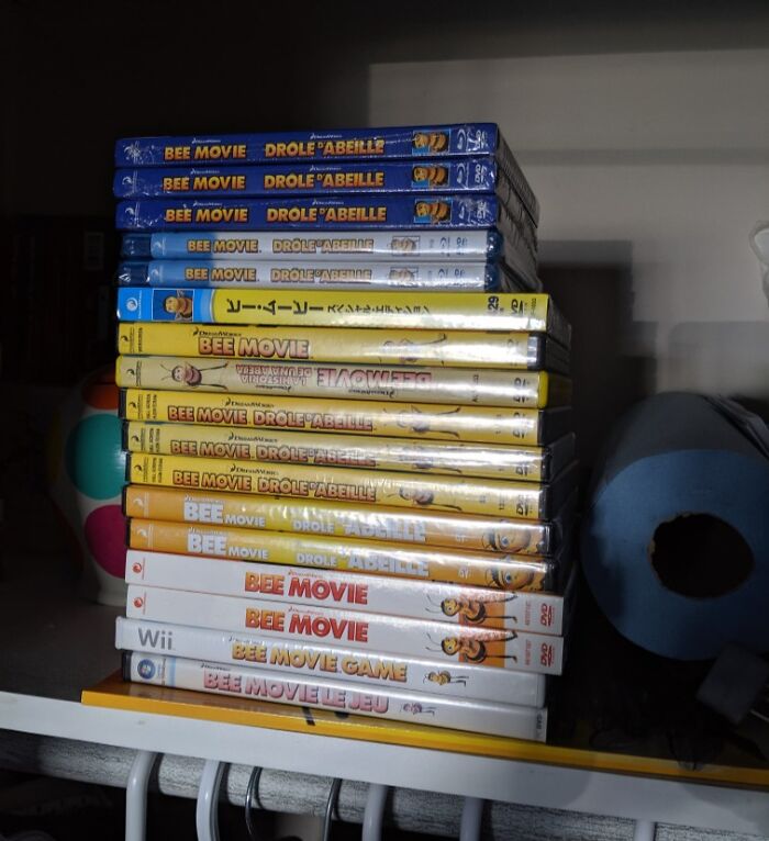 Stack of Bee Movie DVDs and games, humorously organized, possibly showing a collector's quirky taste.