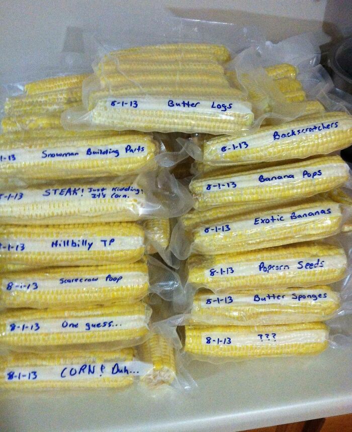 Labeled corn packs with funny names like "Exotic Bananas" and "Backscratchers," showcasing hilarious in-laws' humor.