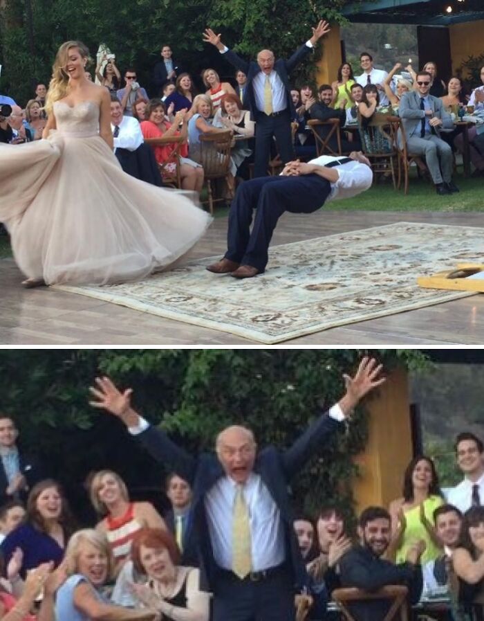 Groom's hilarious in-laws cheering as he leans back dramatically at outdoor wedding reception.