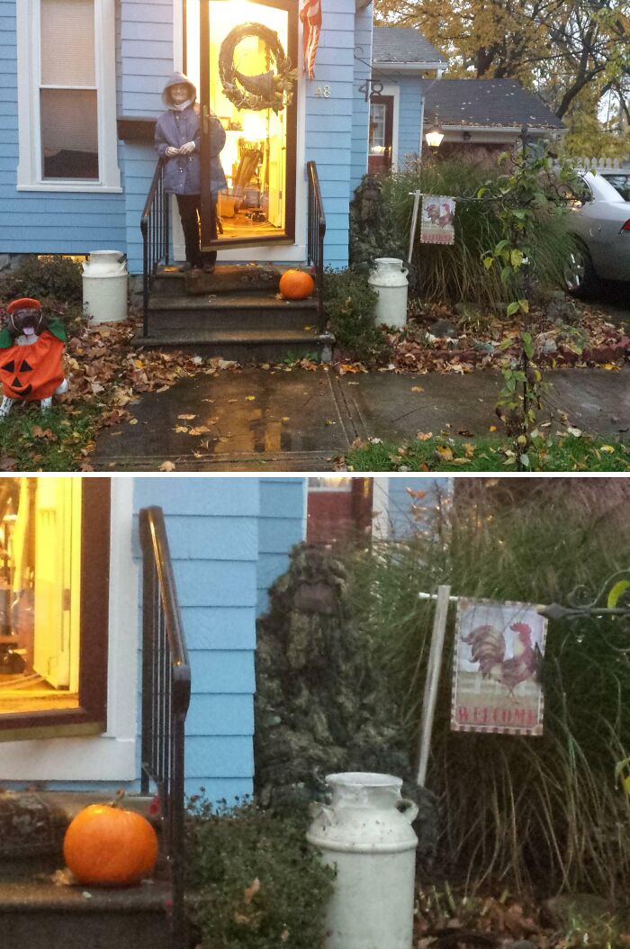 Cozy porch with Halloween decor featuring a pumpkin and a person in the doorway, highlighting hilarious in-laws theme.