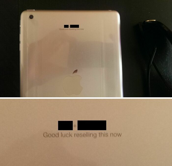 An iPad with a humorous engraving from in-laws saying "Good luck reselling this now."