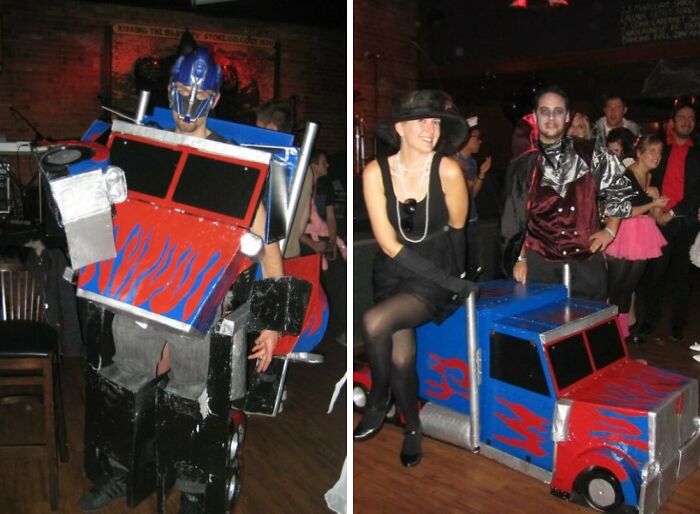 Adults in creative costumes, one dressed as a robot truck, enjoying a party with hilarious in-law moments.