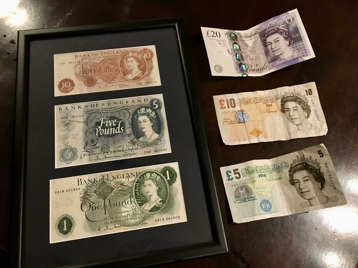 Framed collection of vintage UK currency as a unique inheritance.