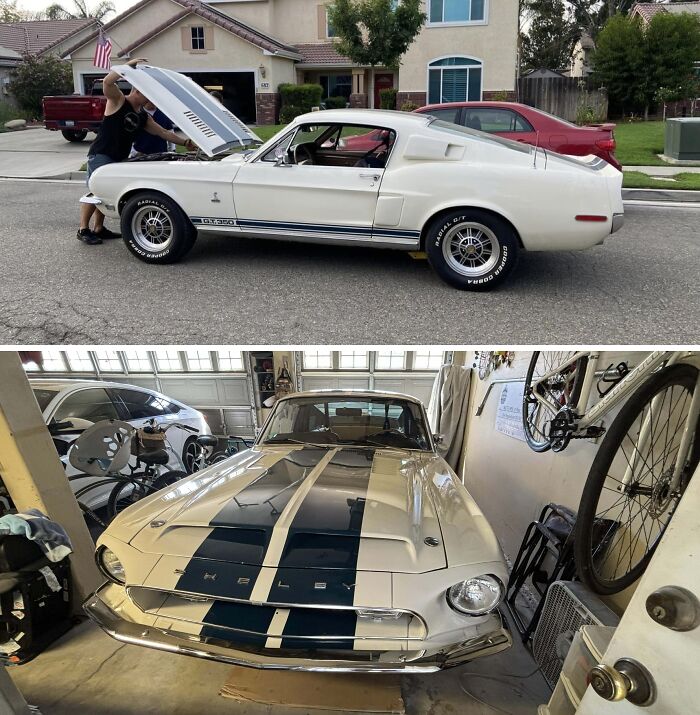 A person inspecting a classic white Shelby GT350, highlighting a cool inheritance received.