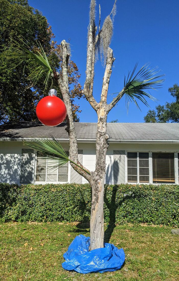 A creative Christmas decorating idea featuring a bare tree with a large red ornament in a yard.