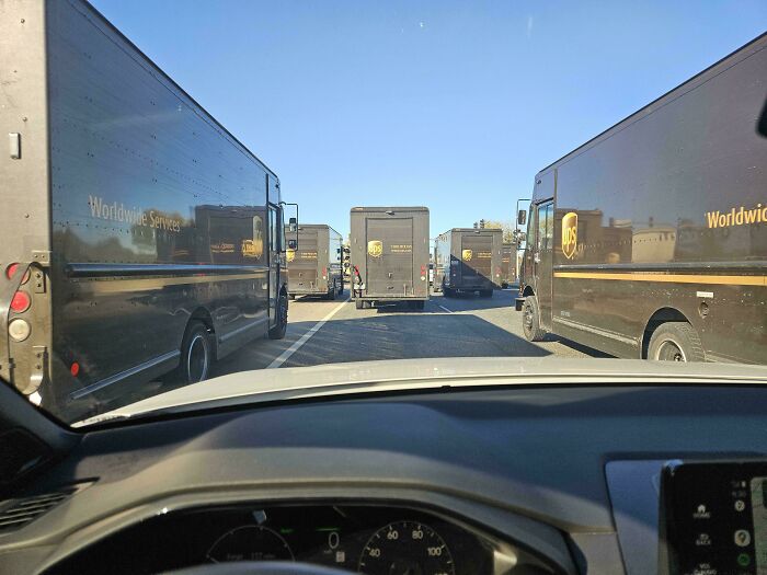 UPS delivery trucks surrounding a car, illustrating interesting things on the road.