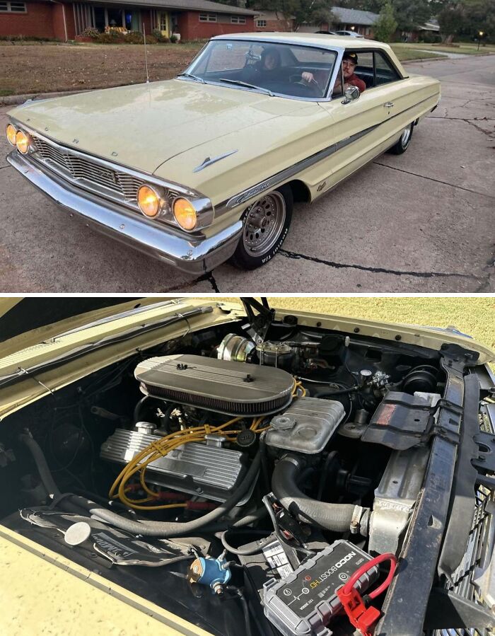 Classic car inheritance with a yellow Ford and detailed engine view, showcasing vintage automobile.