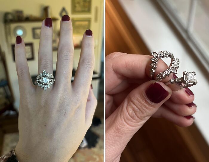 Diamond ring inheritance displayed on hand and held up close, showcasing intricate design and brilliance.