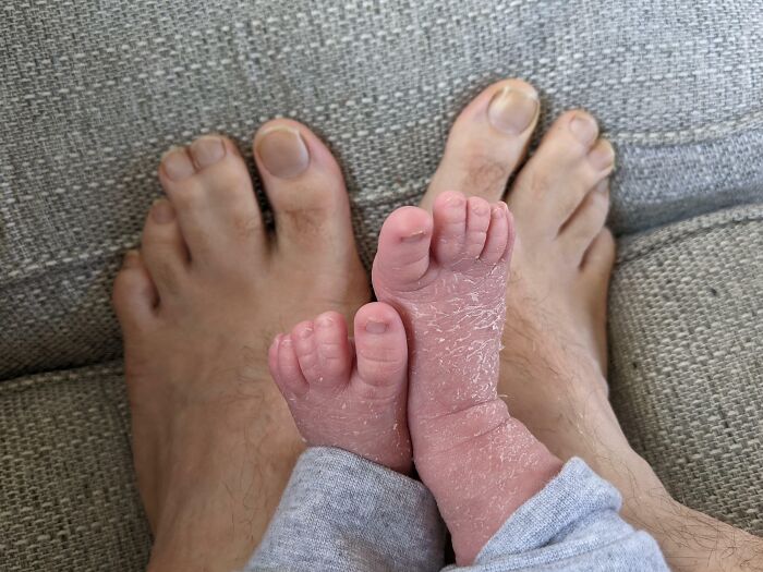 Baby feet resting against adult feet, symbolizing a heartwarming inheritance of family legacy.