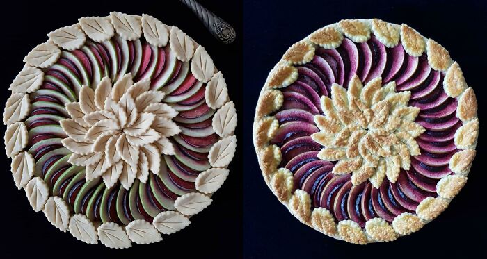 Beautiful food pics of two decorative pies with intricate leaf and petal designs, appealing to foodies.