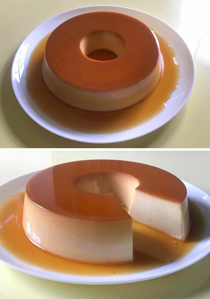 Beautiful flan dessert on a white plate with a slice removed, showcasing creamy layers and caramel sauce.