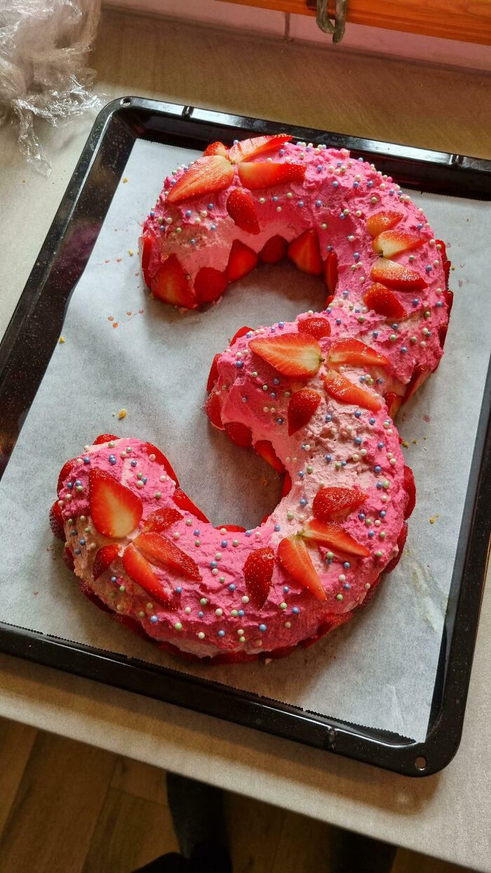 Daughter Wanted A Pink Birthday Cake With Strawberries. Filling Is Custard And Strawberry Jam