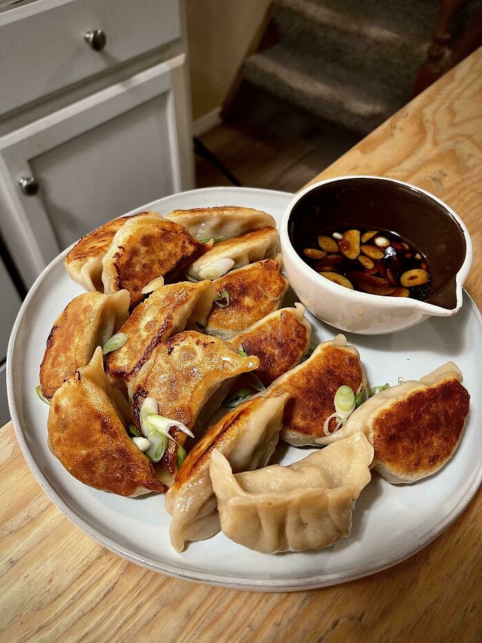 Plate of beautifully arranged dumplings with a side of dipping sauce, sure to captivate foodies.