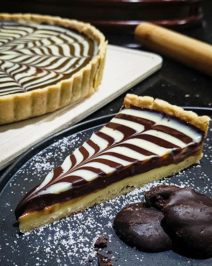 [oc]custard And Marbled Chocolate Tart With A Cashew Nut Sable Crust