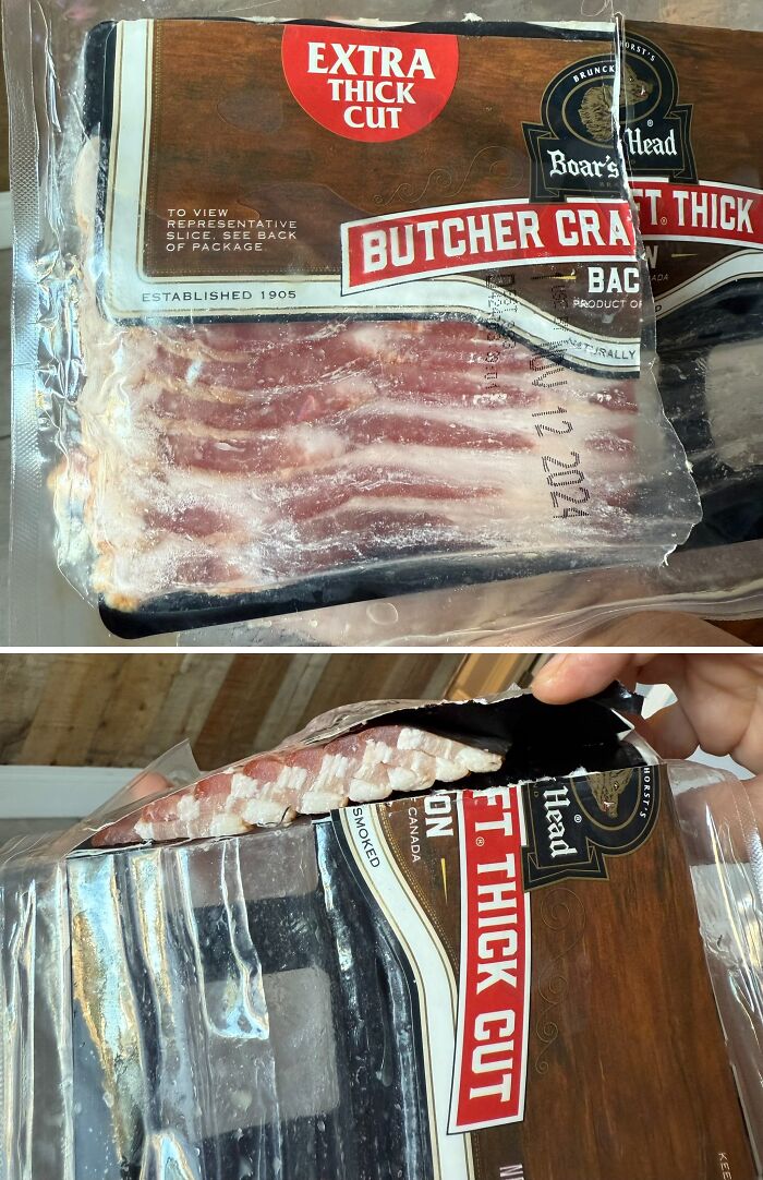 Misleading packaging design showing bacon label with hidden section behind the front layer.