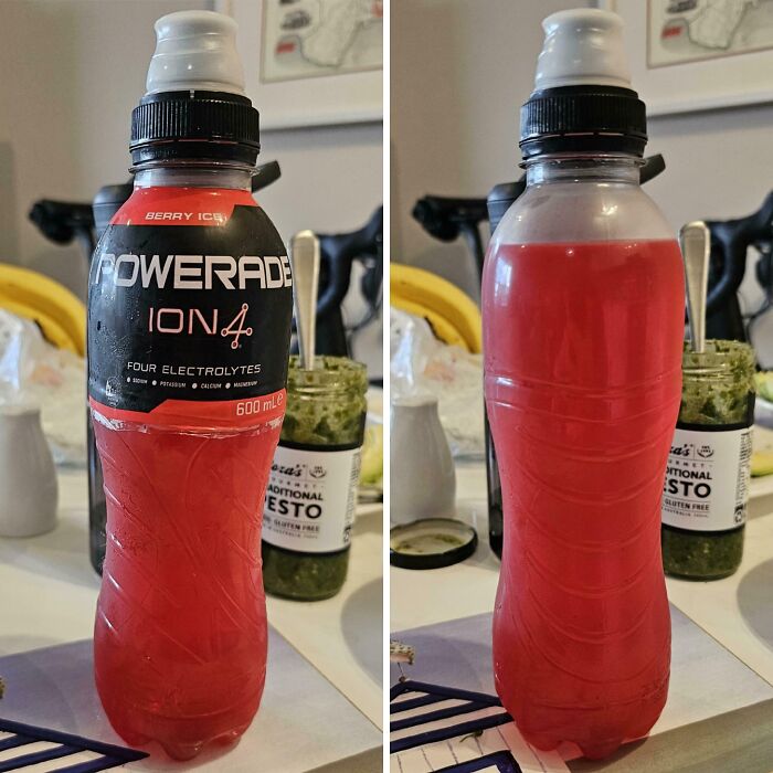 Powerade bottle with label covering half the bottle, demonstrating misleading packaging design example.