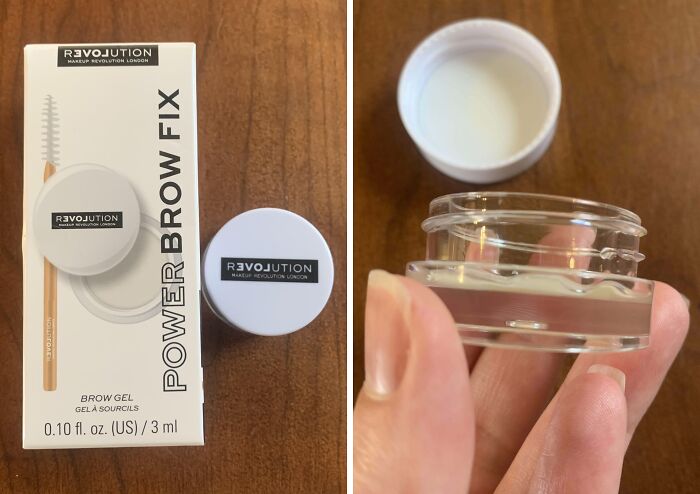 Misleading packaging design for Revolution Power Brow Fix showing large box, small jar of product.