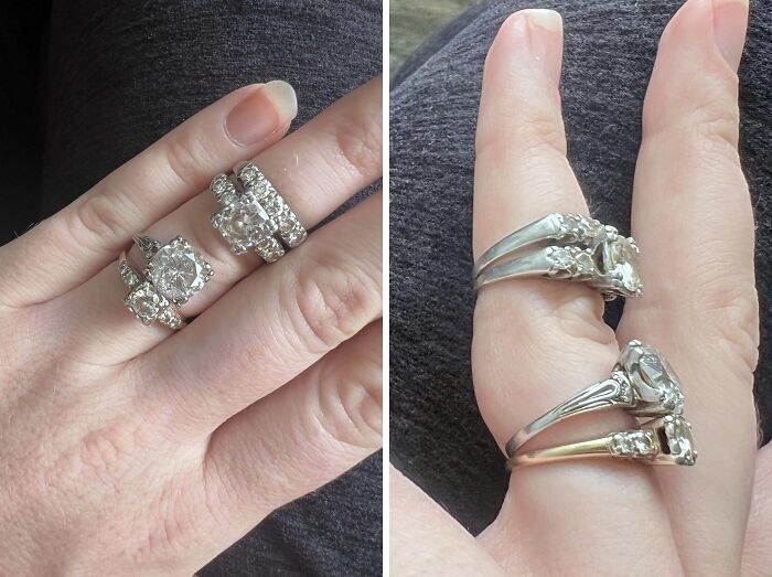 Inherited diamond rings worn on fingers, showcasing elegant vintage designs.