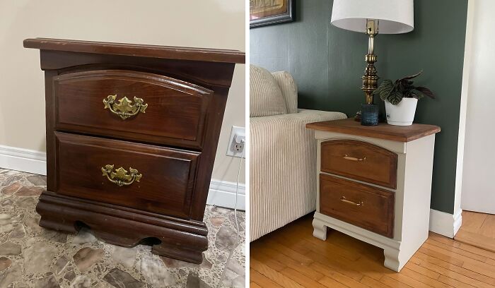 Old furniture restored, showing a side-by-side comparison; one dark and worn, the other lightened and refreshed.