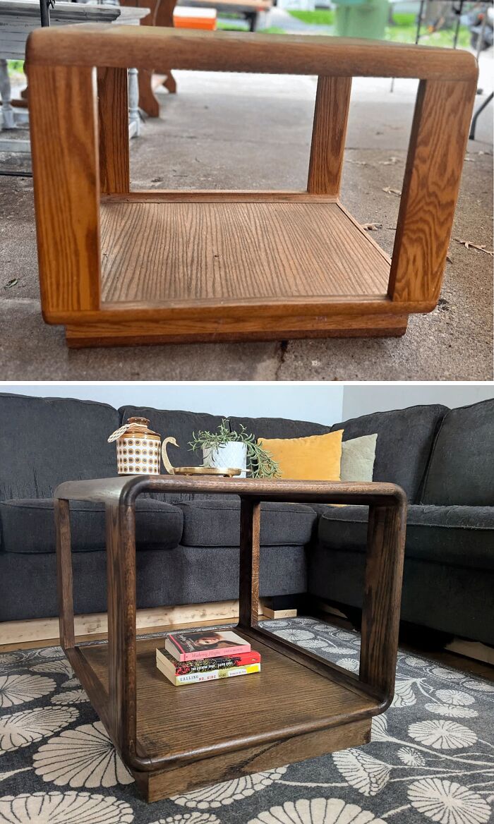 Restored wooden table, transformed from worn condition to a refinished piece, with books and decor on top.