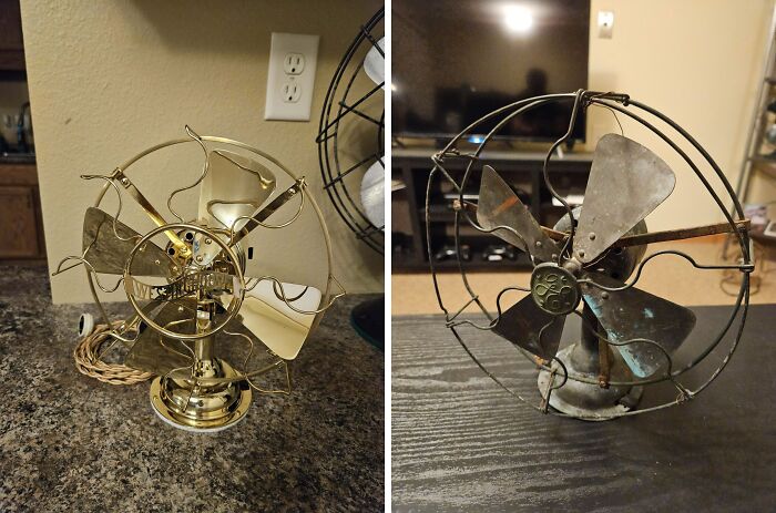 Restored vintage fan next to its rusty, old version on a table.