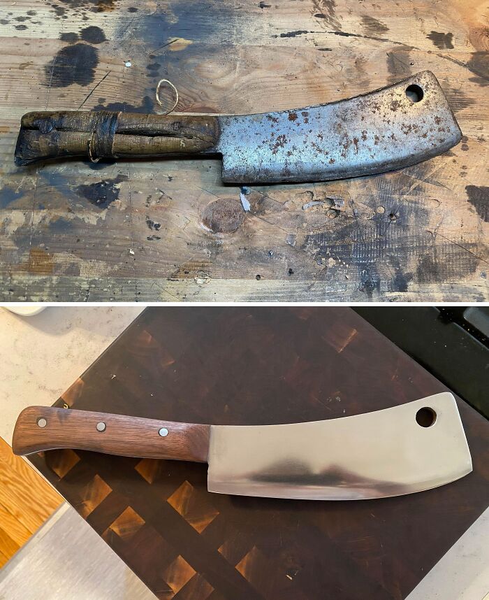 Old things restoration: A cleaver before and after detailed restoration, showcasing transformation from rusted to polished.