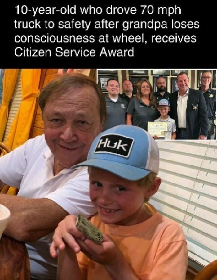 Young boy receives Citizen Service Award, pictured with grandpa and officials, highlighting interesting facts and curiosities.