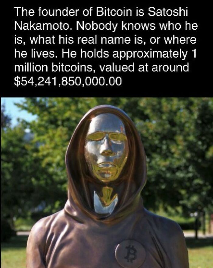 Statue of Satoshi Nakamoto, the mysterious Bitcoin founder, in a park setting, representing cryptocurrency curiosities.