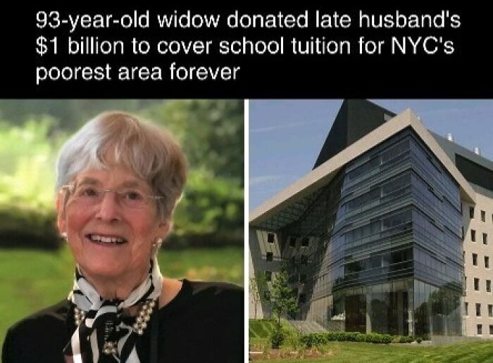 Widow donates $1 billion for NYC school tuition, alongside a modern building.