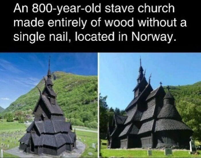 Stave church in Norway, 800 years old, made of wood without nails. Interesting fact for stress relief during holidays.