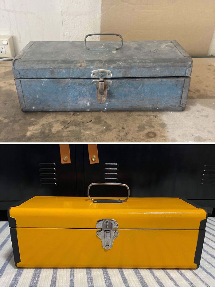 Restored toolbox showing transformation from old dusty blue to vibrant yellow, highlighting old things restoration.