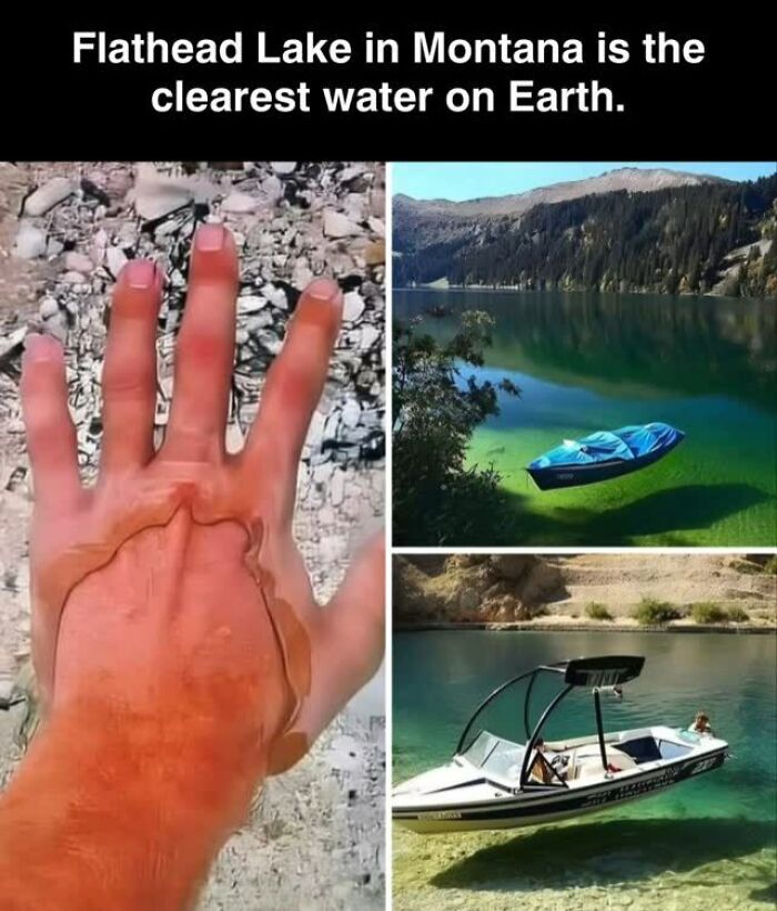 Clear water in Flathead Lake, Montana, showing transparent effects on a hand and boats, highlighting interesting facts.