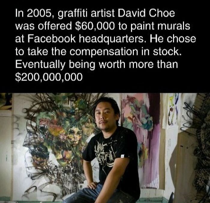 Graffiti artist poses by murals, illustrating interesting facts about stock compensation at Facebook headquarters.