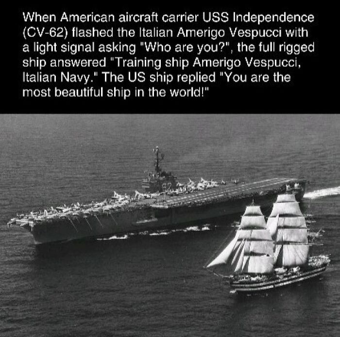 Historic encounter between USS Independence and Amerigo Vespucci, showcasing interesting naval curiosities.