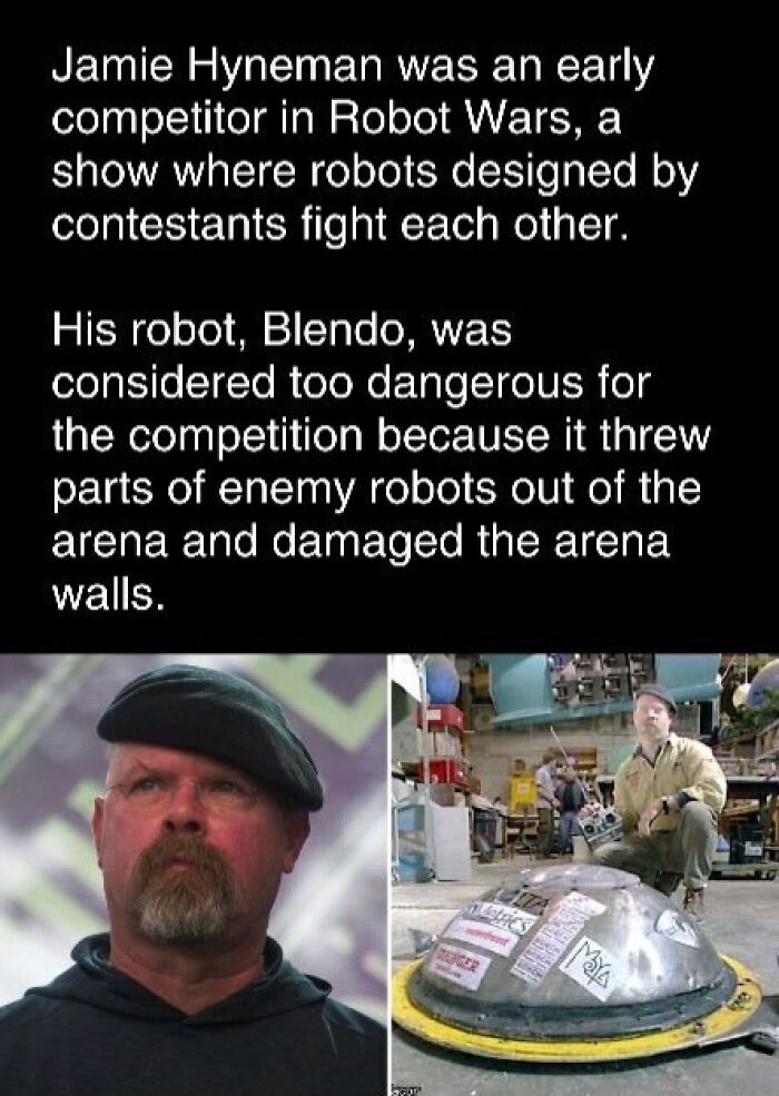 Jamie Hyneman with his dangerous robot Blendo, known for its power in early Robot Wars competitions.