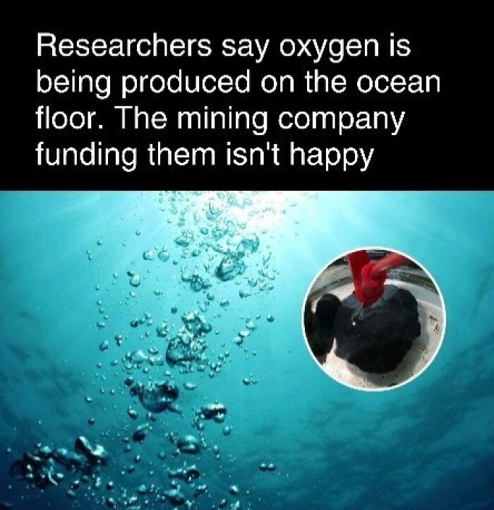 Ocean floor producing oxygen with bubbles rising; mining impact mentioned.