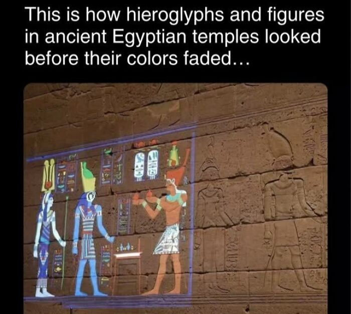 Hieroglyphic figures in vibrant colors displayed on ancient Egyptian temple wall, showcasing interesting historical facts.