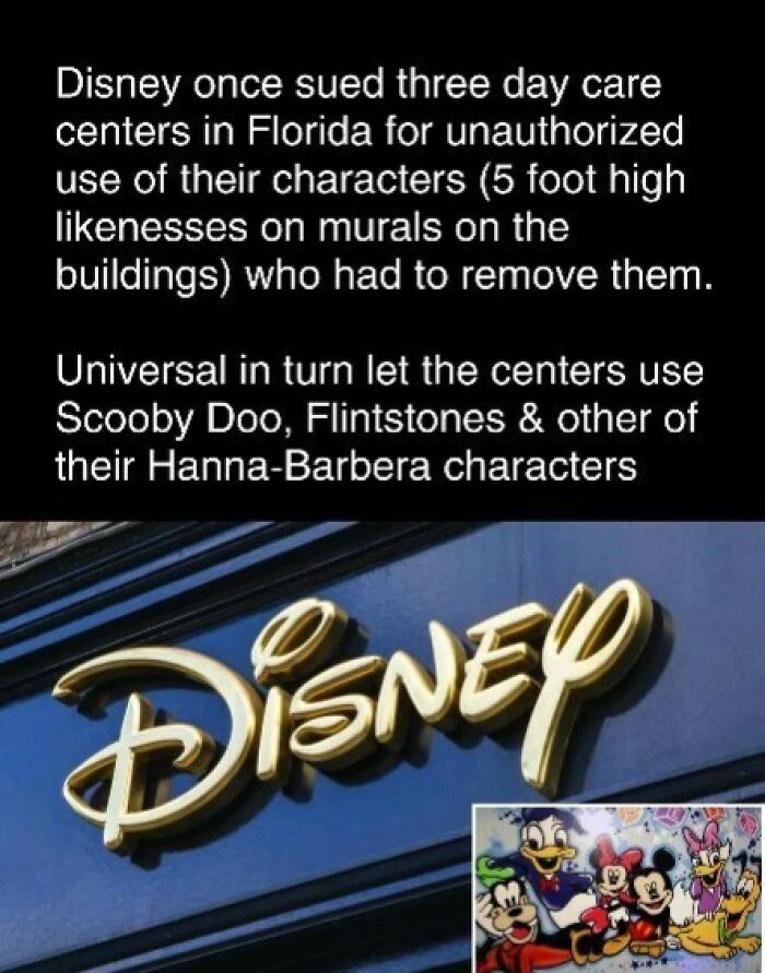 Disney sued daycares over character murals; Universal allowed Hanna-Barbera characters like Scooby Doo instead.