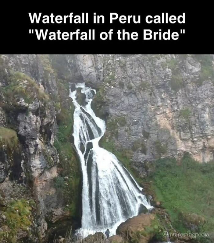 Waterfall of the Bride in Peru, cascading down a rocky landscape, showcasing natural beauty and interesting facts.