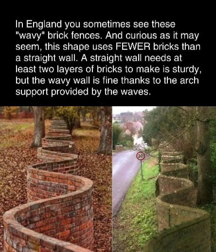 Wavy brick fences in England showing unique structure using fewer bricks than straight walls.