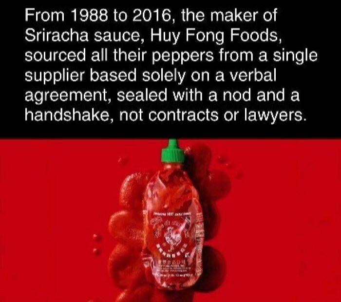 Sriracha sauce bottle on a red background with an interesting fact about its pepper sourcing and verbal agreement.