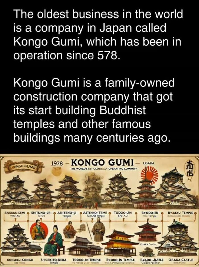 Kongo Gumi, oldest business in the world, Japan, started in 578, built Buddhist temples, historical infographic.