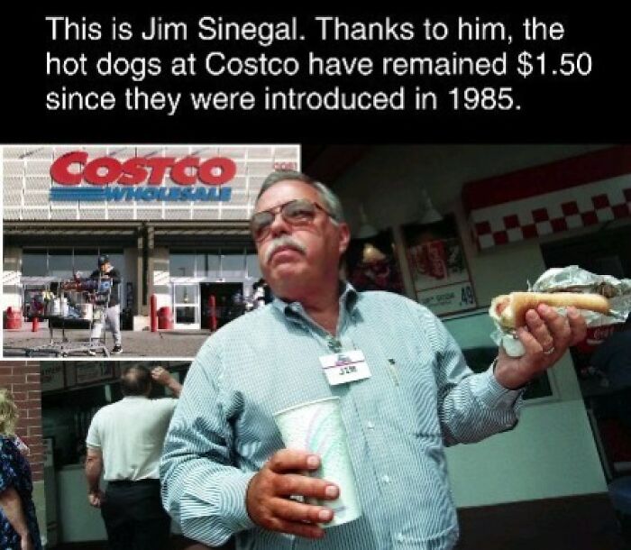 Man outside Costco holding a hot dog and drink, showcasing an interesting fact about prices, under the store's sign.