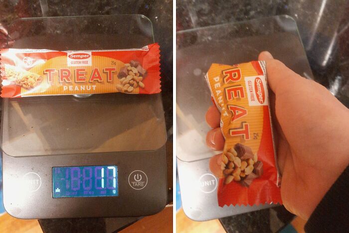 Misleading packaging design shows peanut snack with minimal contents on a scale.