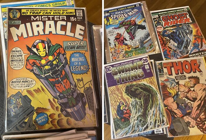 Collection of vintage comic books, including Mister Miracle, Spider-Man, Ghost Rider, Swamp Thing, and Thor, as coolest inheritance.